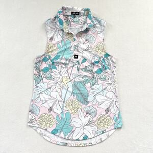 Bad Birdie The Gardens Hawaiian Print Performance Golf Sleeveless Polo Shirt L